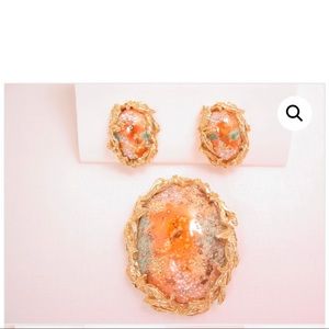 Vintage Elizabeth Morrey Orange Stippled Easter Egg Pin/Pendant and Earrings Set
